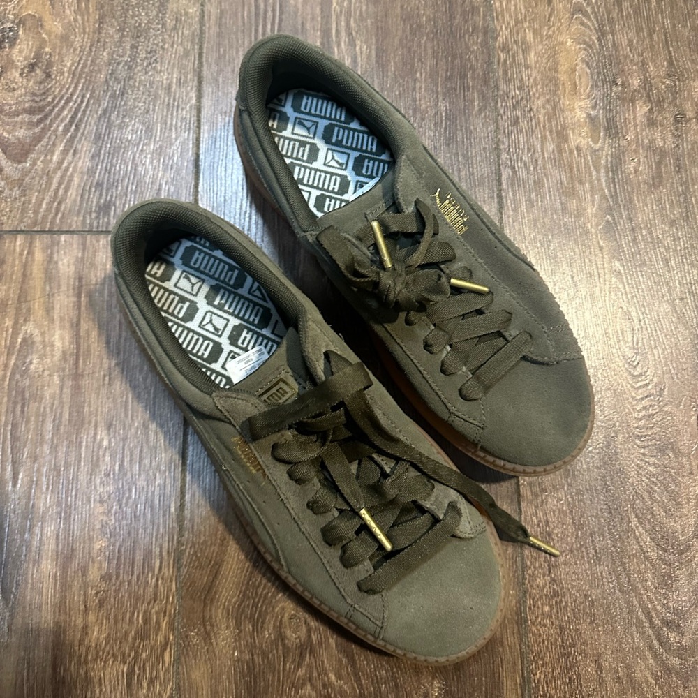 Puma Olive Green Suede Sneakers with Gold Details